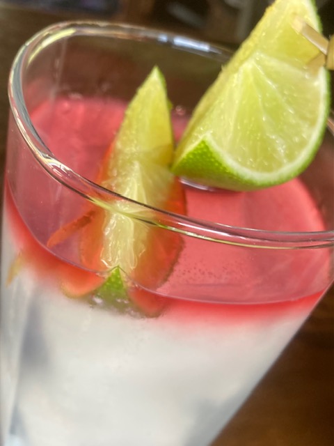 Ginger Hibiscus Gin and Tonic: Clear cocktail over large ice cubes in a highball glass with a thin float of red hibiscus garnished with two lime wedges