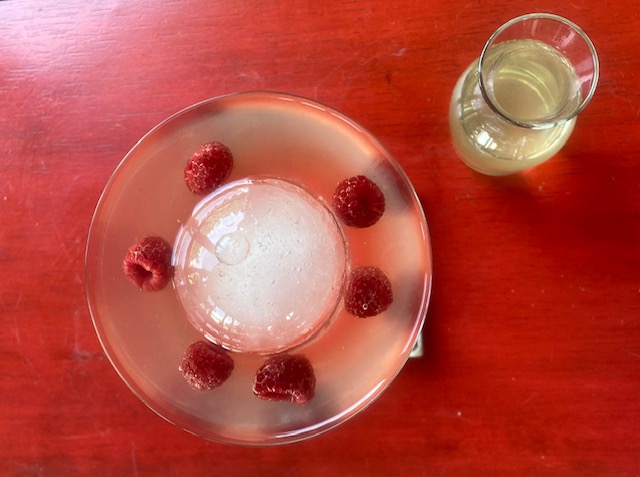 Grapefruit Spritz Gimlet: Pale cocktail in a coupe with a sphere ice cube and raspberry garnish